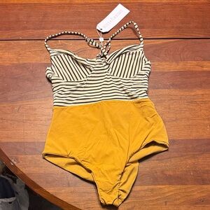 Boys + Arrows Striped Black and Mustard Swim Bodysuit